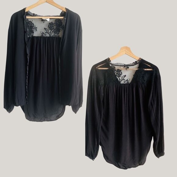 FLANNEL Black Lace Back Silk Trim Blouse – Size 0 (S) – Australian Quiet Luxury - Picture 7 of 11